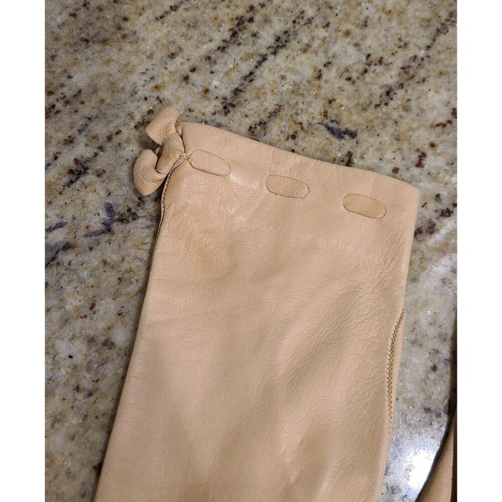 Vintage Size S Pumpkin Beige Soft Leather Formal 9" Gloves Wrist Weave Bow - Picture 4 of 15